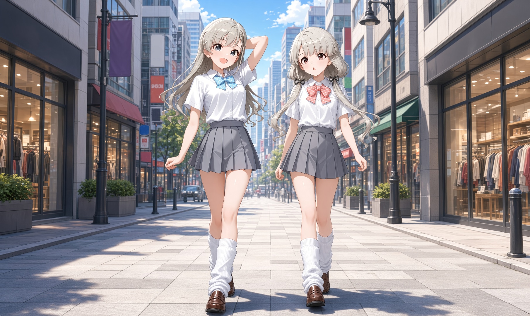 街を歩くミニスカ制服とルーズソックスの久川姉妹 | の人気AIイラスト・グラビア