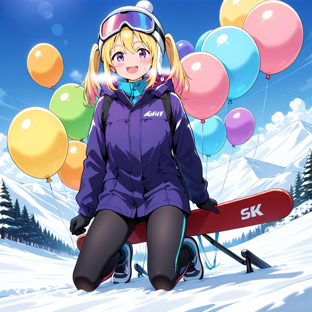 いっぱい色とりどりの風船を持つスキージャンプ選手の美女