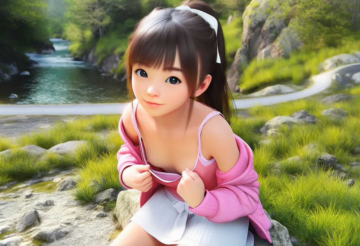 胸元を広げて見せてくれる少女