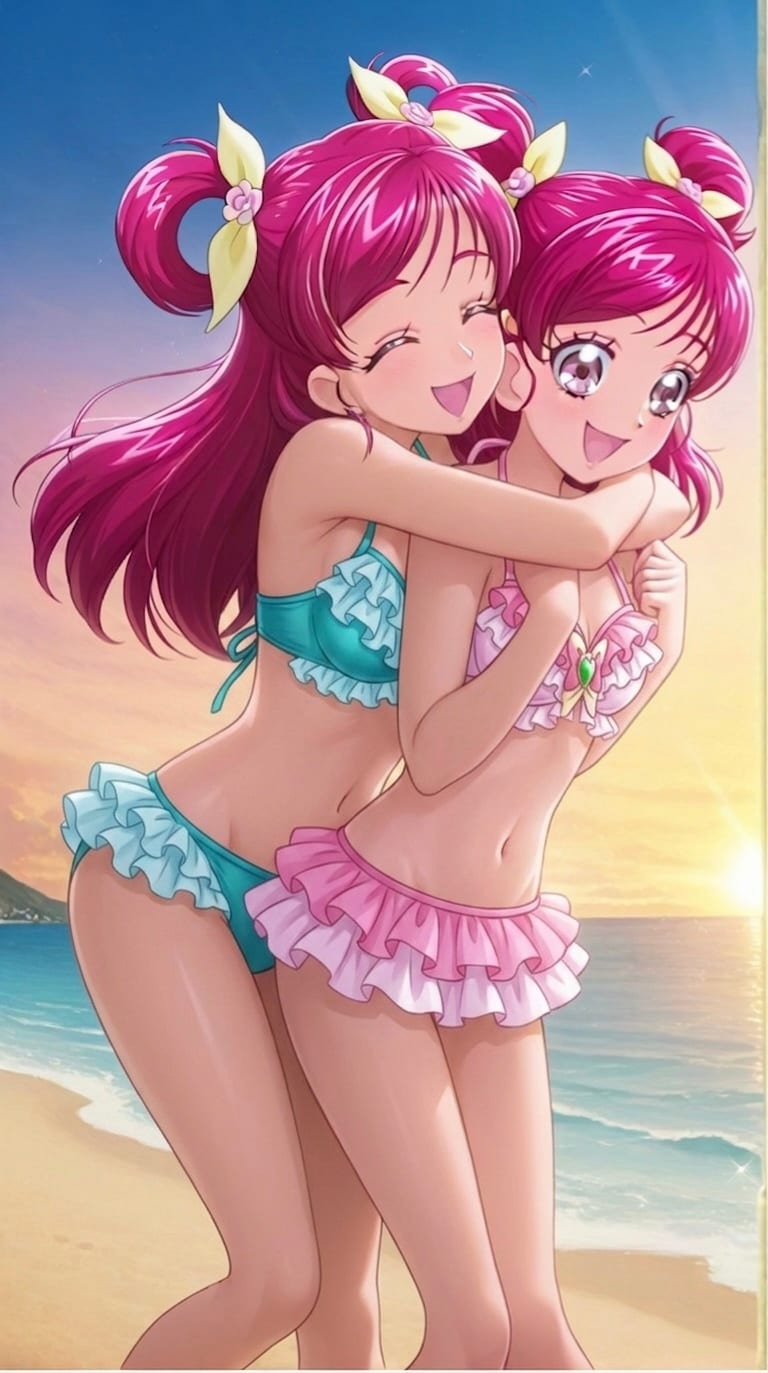 夕日と海と
