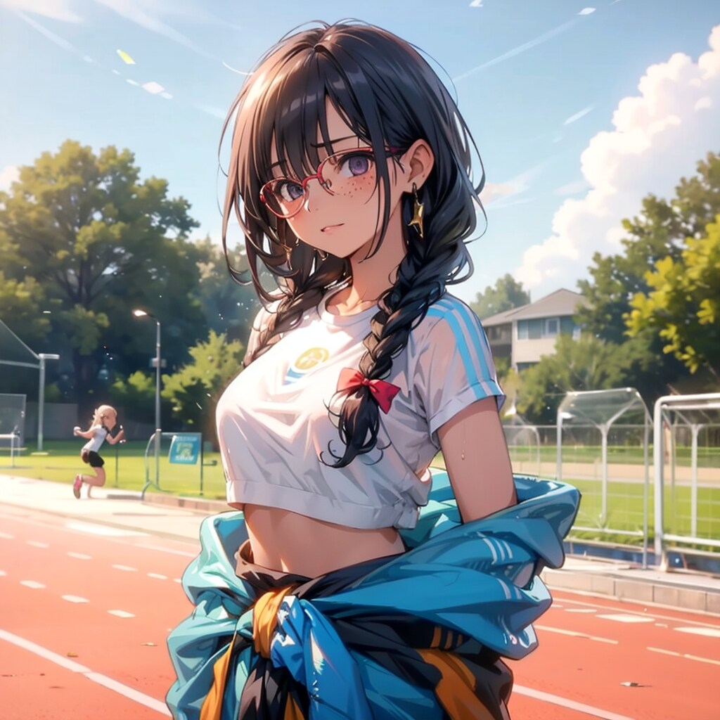 暑くてナイロンのウィンドブレーカーを脱ぎ腰に巻こうとする三つ編み・そばかすの眼鏡っ娘