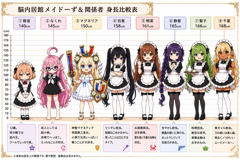 脳内居館メイドーず＆関係者 身長比較表