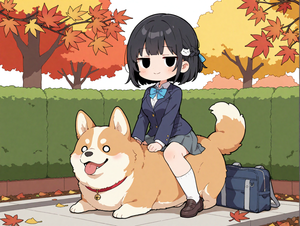 コーギーに座る凜猫ちゃん