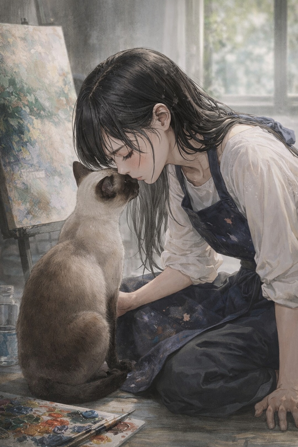 波夷羅ねずは、油彩の香りと猫の体温が混ざり合う、この静謐を吸い込む。 | の人気AIイラスト・グラビア