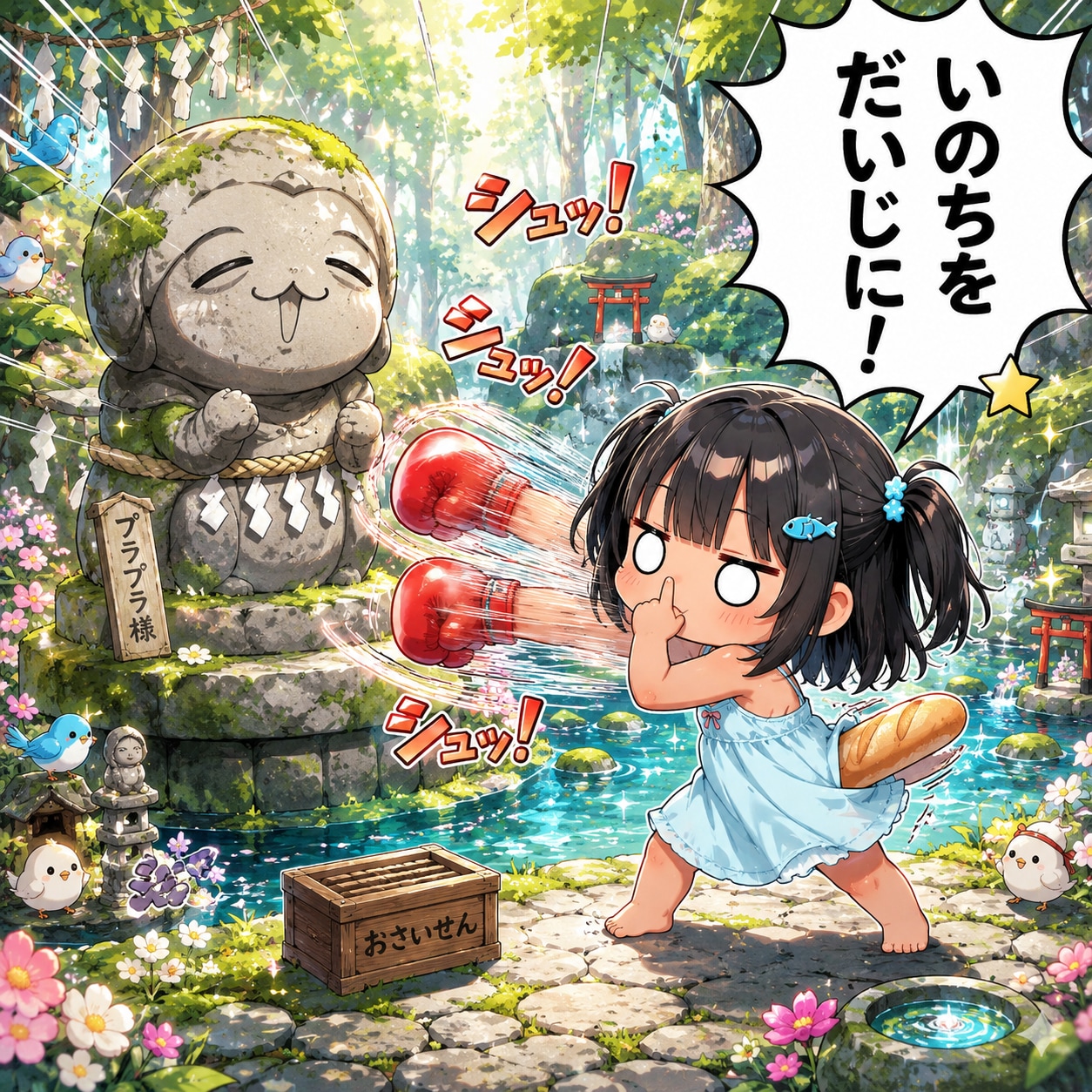 パンを尻にはさんで指を鼻の穴に入れてボクシングをしながら『いのちをだいじに』と叫んでいるこなつちゃん