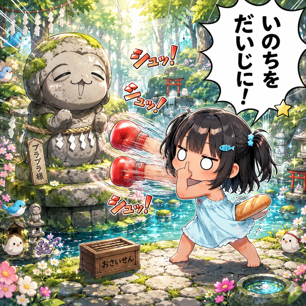 パンを尻にはさんで指を鼻の穴に入れてボクシングをしながら『いのちをだいじに』と叫んでいるこなつちゃん