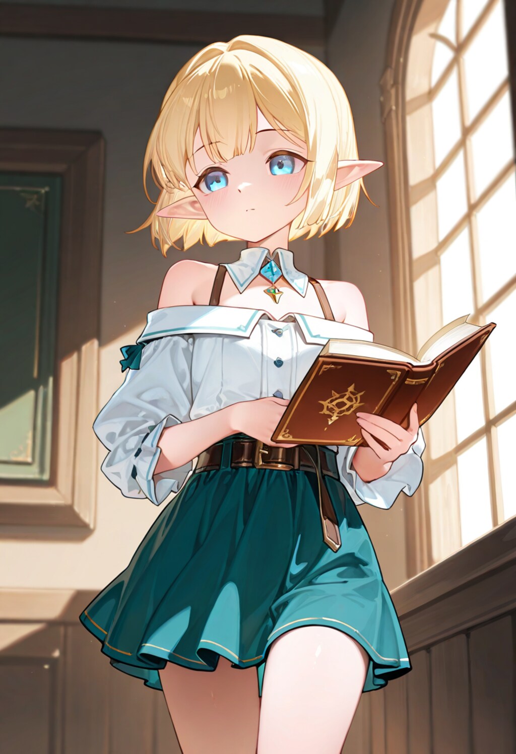 読書中なオフショルダーのエルフさん