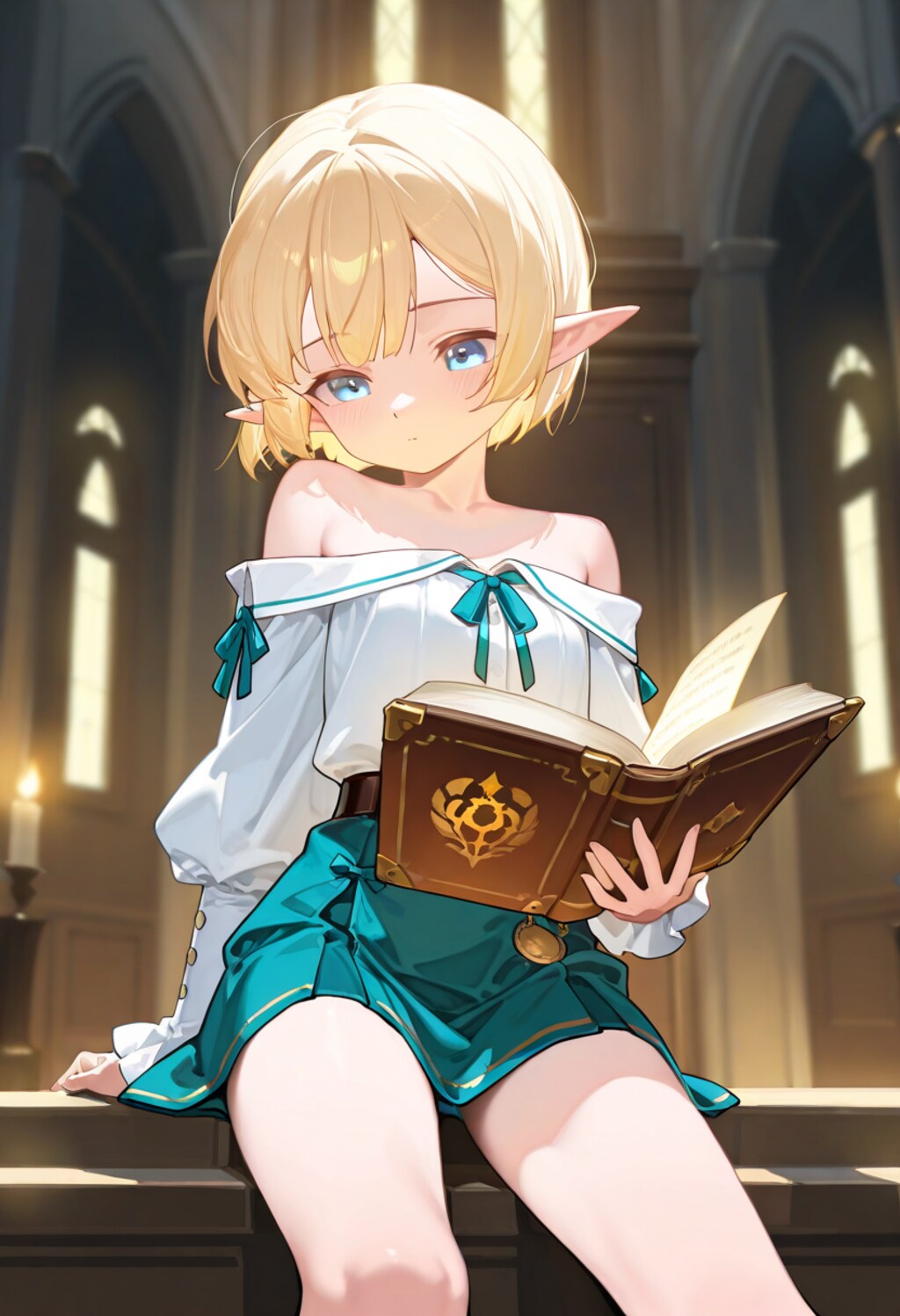 読書中なオフショルダーのエルフさん