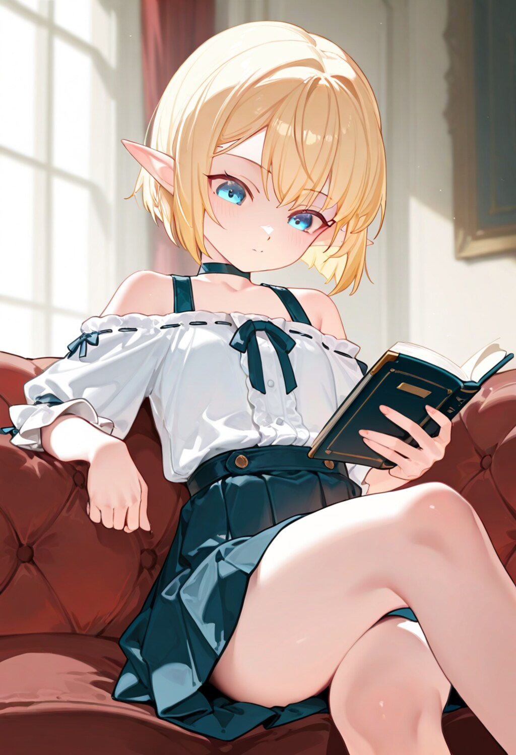 読書中なオフショルダーのエルフさん