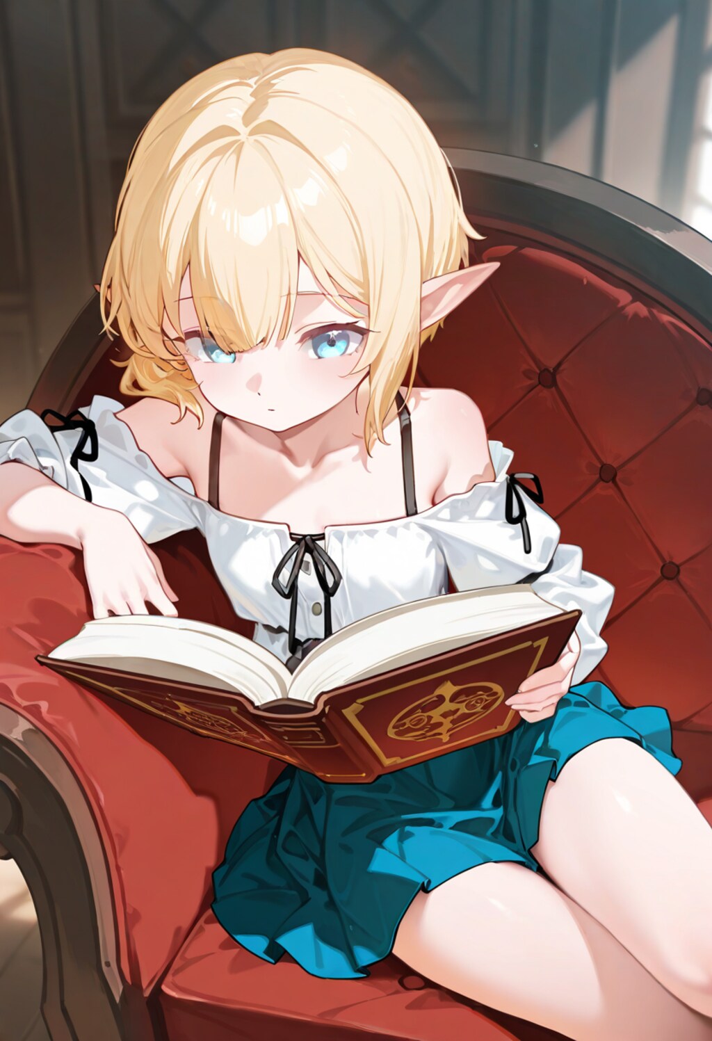 読書中なオフショルダーのエルフさん