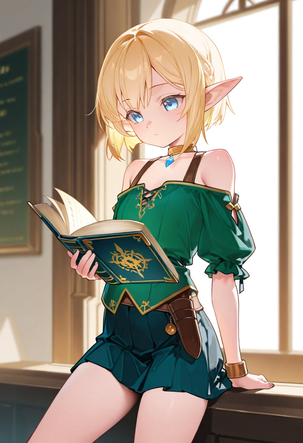 読書中なオフショルダーのエルフさん