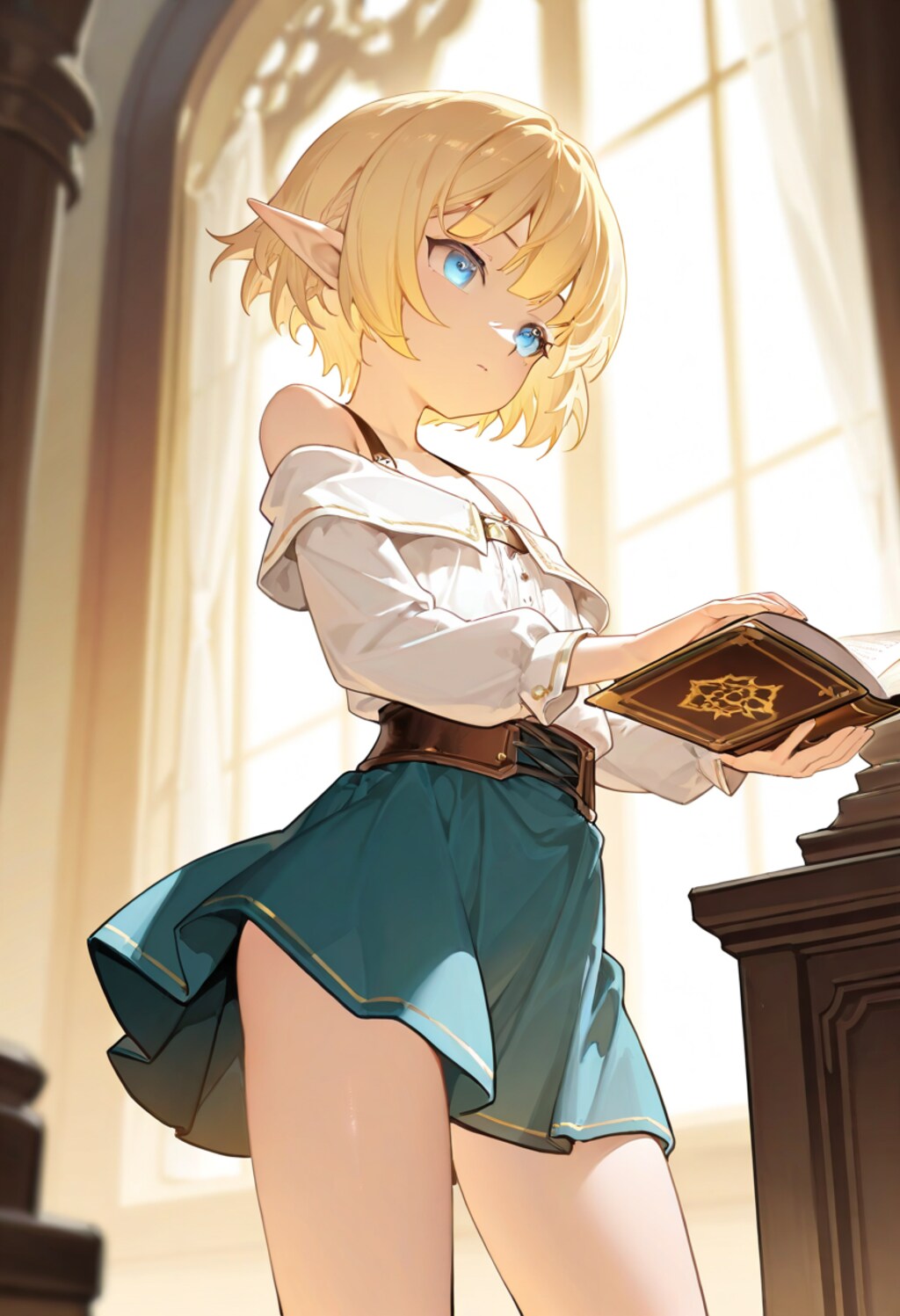 読書中なオフショルダーのエルフさん