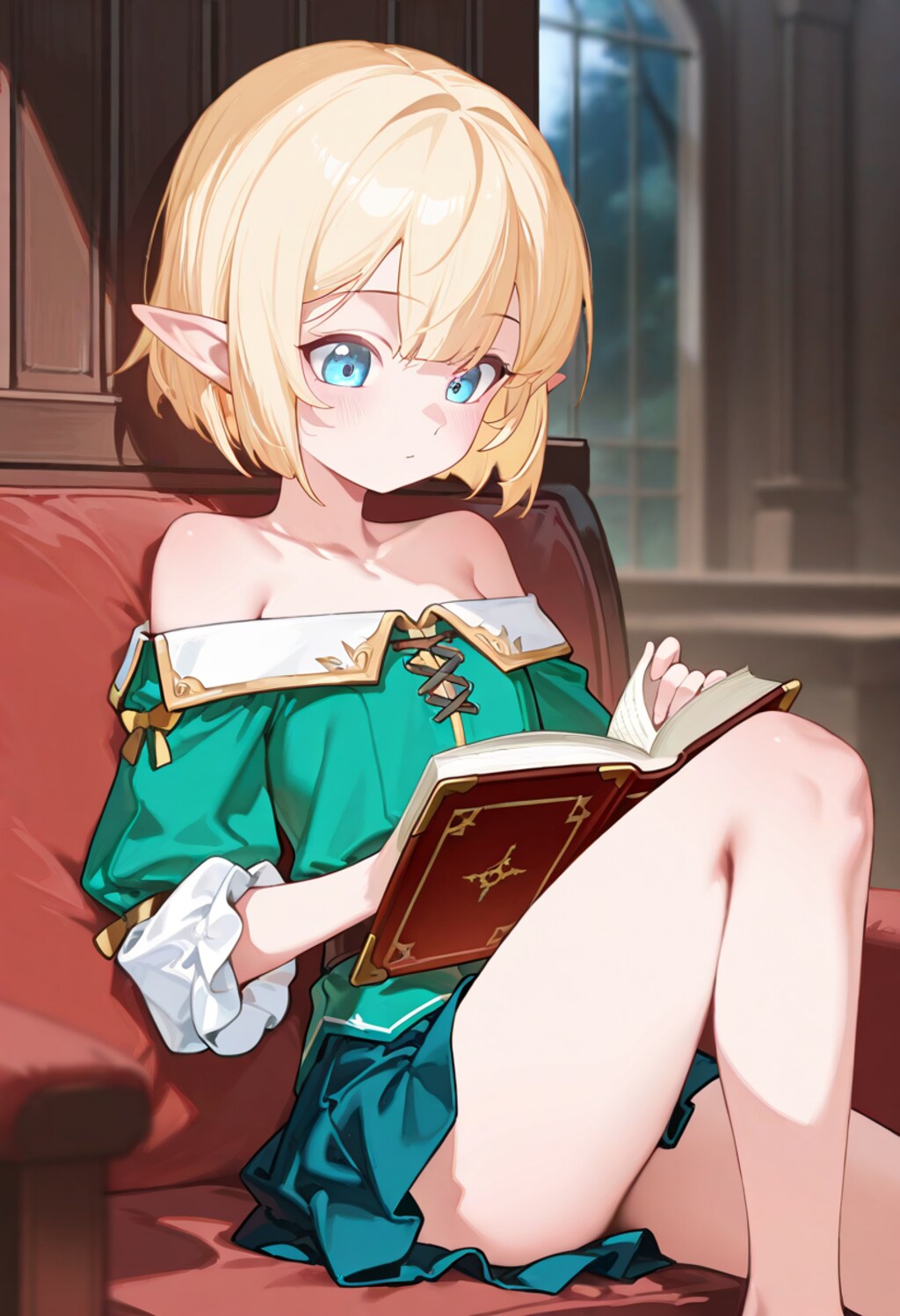 読書中なオフショルダーのエルフさん