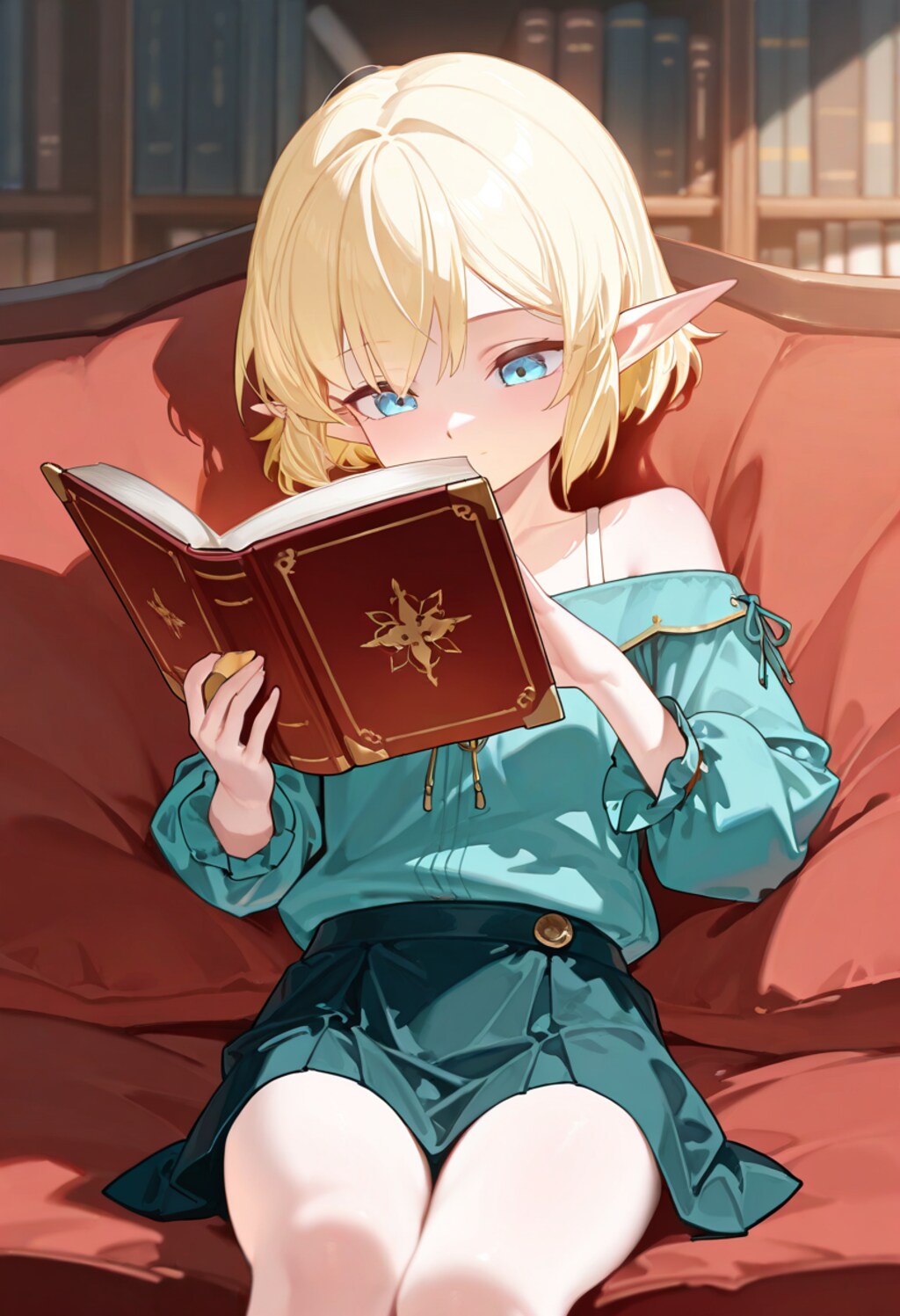 読書中なオフショルダーのエルフさん