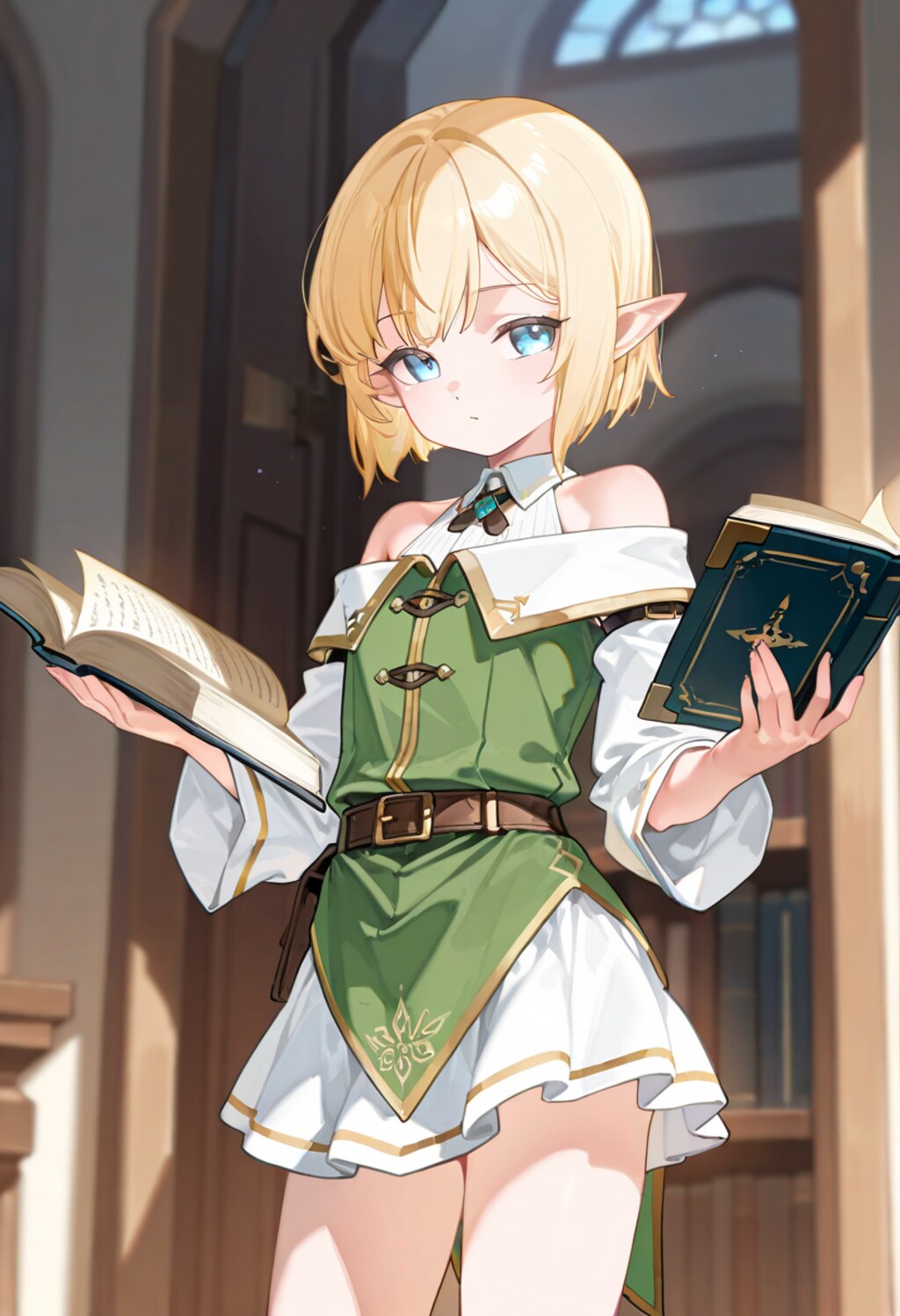 読書中なオフショルダーのエルフさん