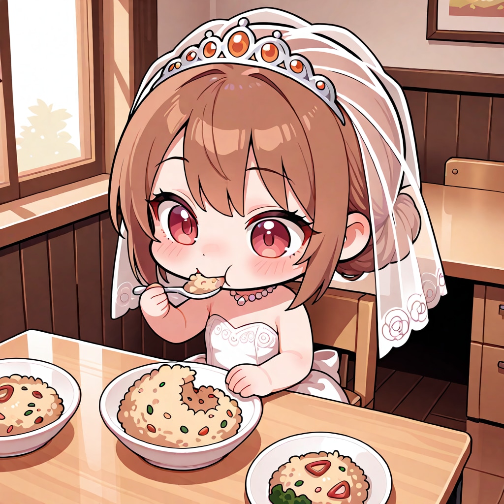 ウェディングチャーハンを食べる花嫁
