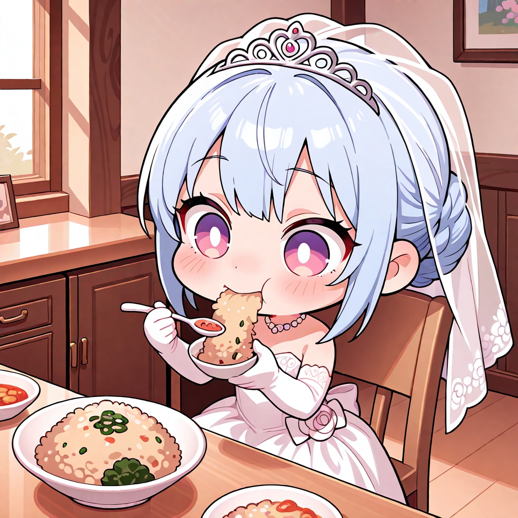 ウェディングチャーハンを食べる花嫁