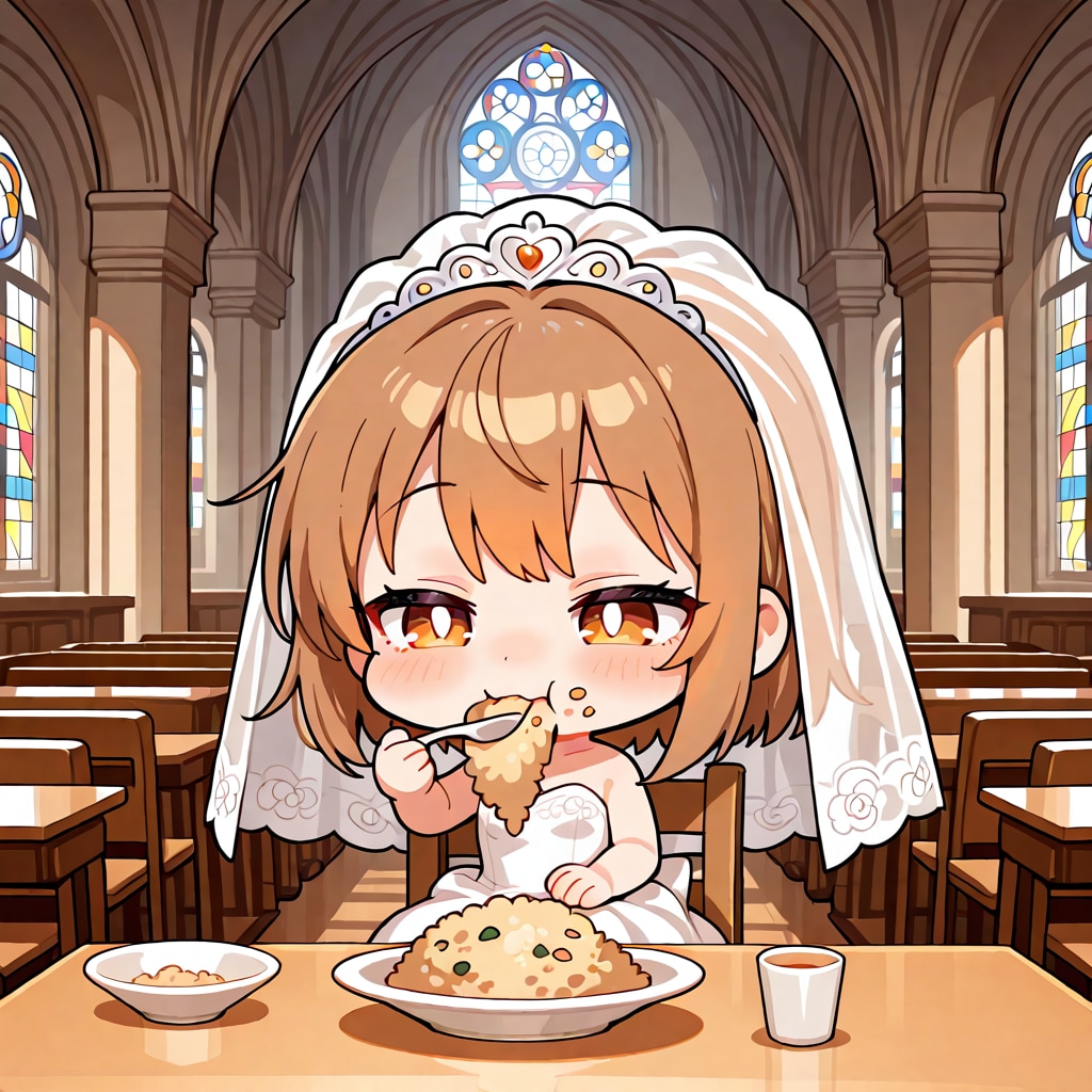 ウェディングチャーハンを食べる花嫁