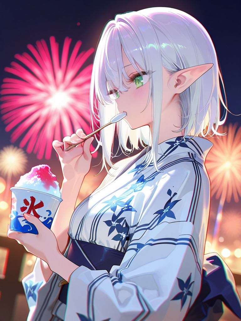 夏祭りを楽しむエルフの女の子