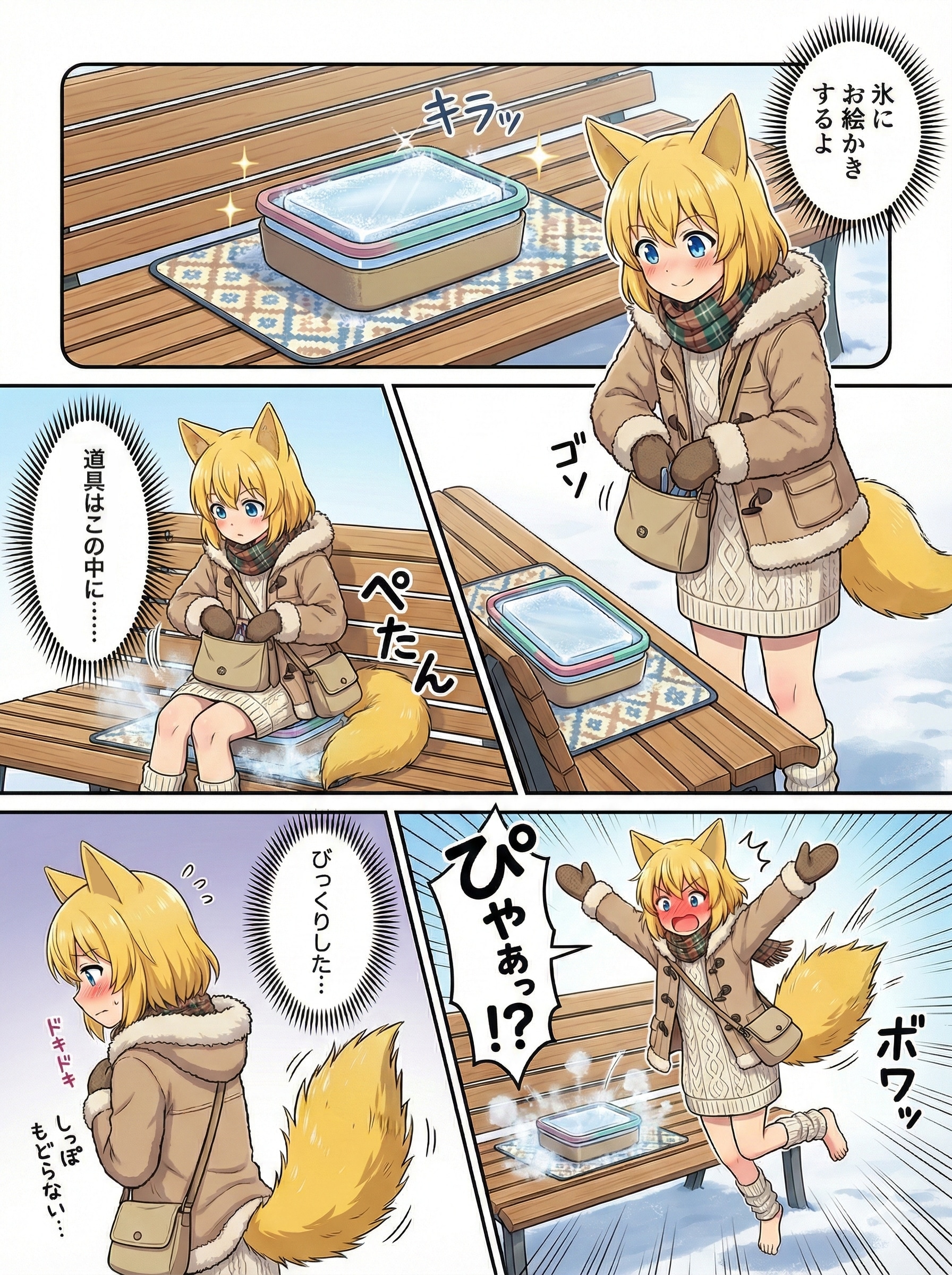 何者かに直前の記憶を消去させられたかのように自分で置いた氷の存在を忘れその上に腰掛けるキツネ | の人気AIイラスト・グラビア