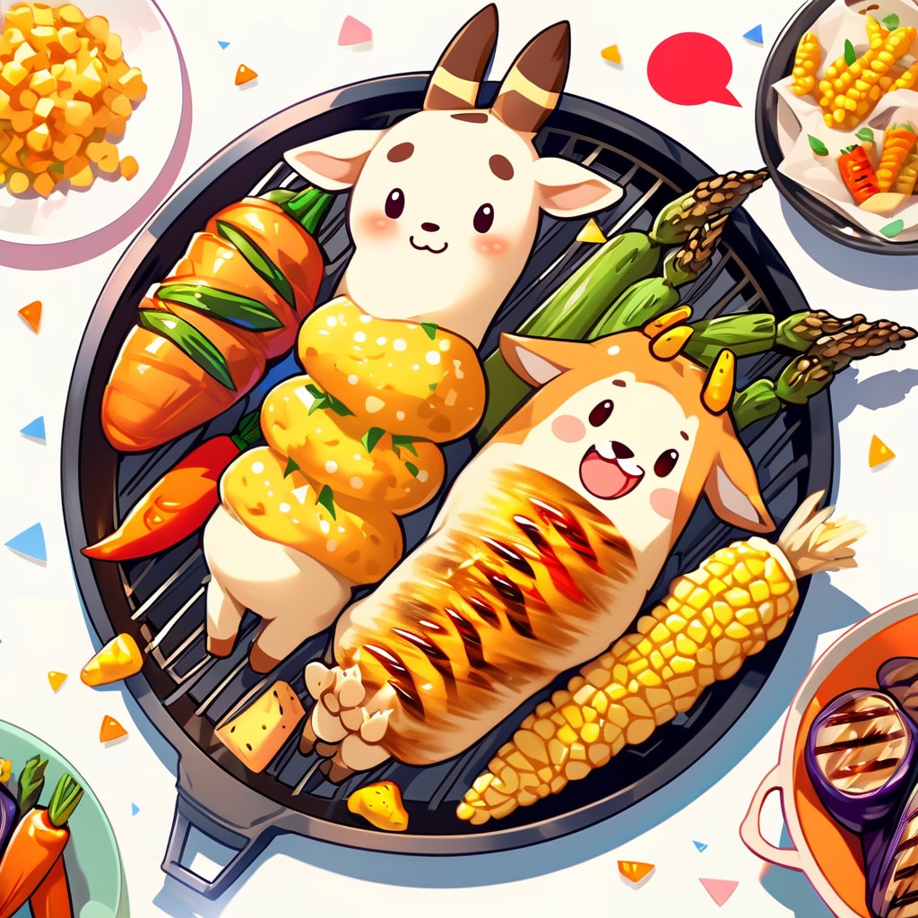 焼き野菜を堪能するキリン着ぐるみちび子ちゃん