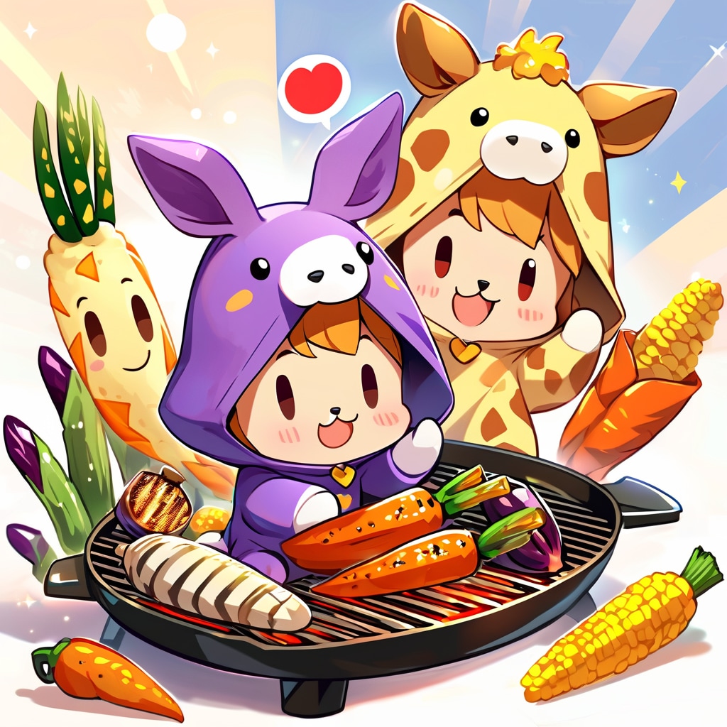 焼き野菜を堪能するキリン着ぐるみちび子ちゃん