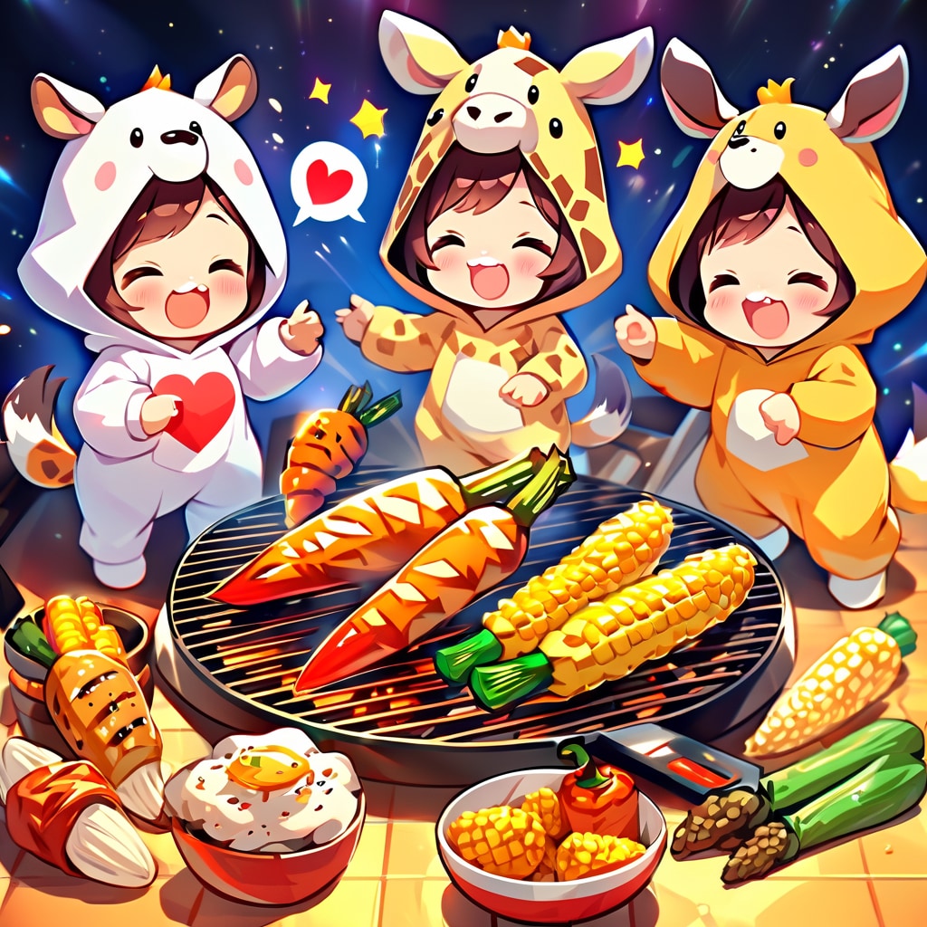 焼き野菜を堪能するキリン着ぐるみちび子ちゃん