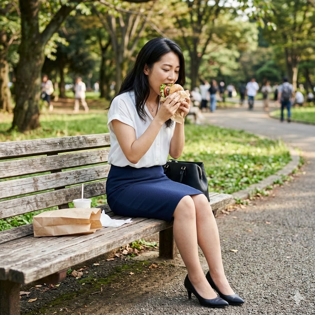 ハンバーガーを食べている女性