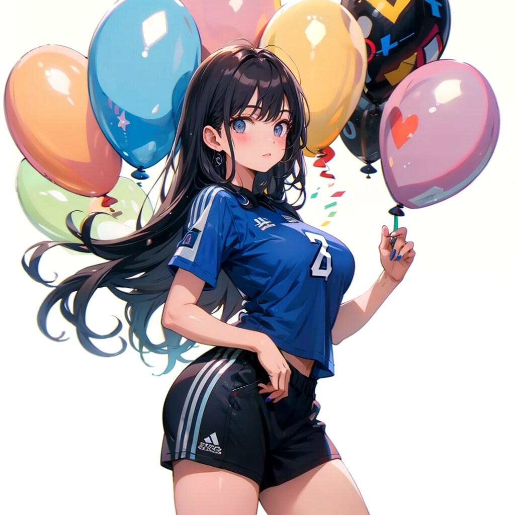 いっぱい色とりどりの風船を持つ黒髪ロングのサッカーユニフォーム着た美女