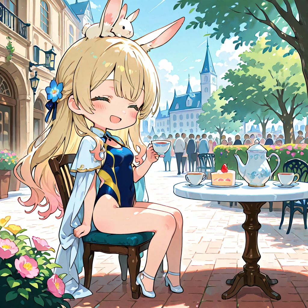 ちび姫様、競泳水着でティータイム