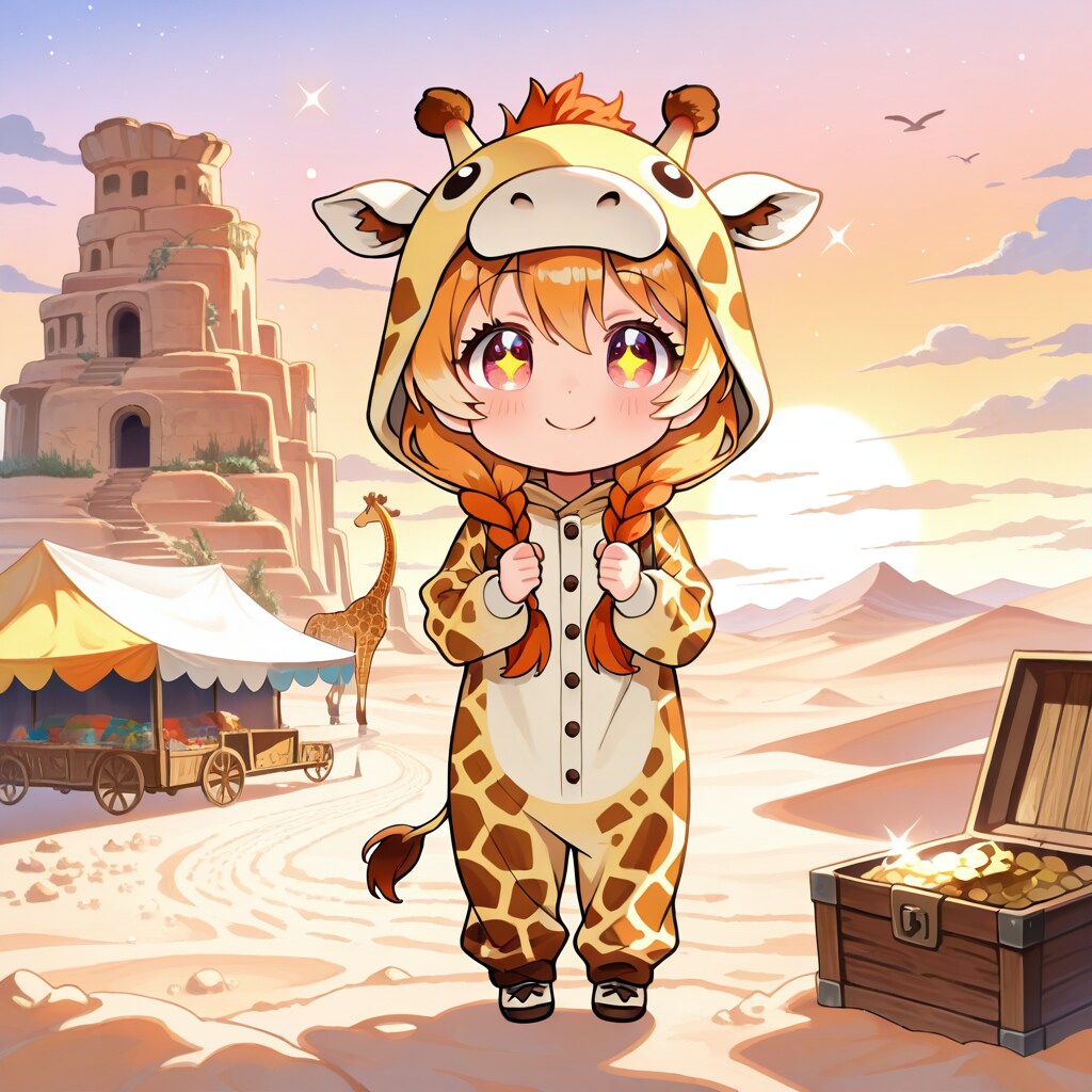 シルクロードの砂漠地帯とキリン着ぐるみちび子ちゃん