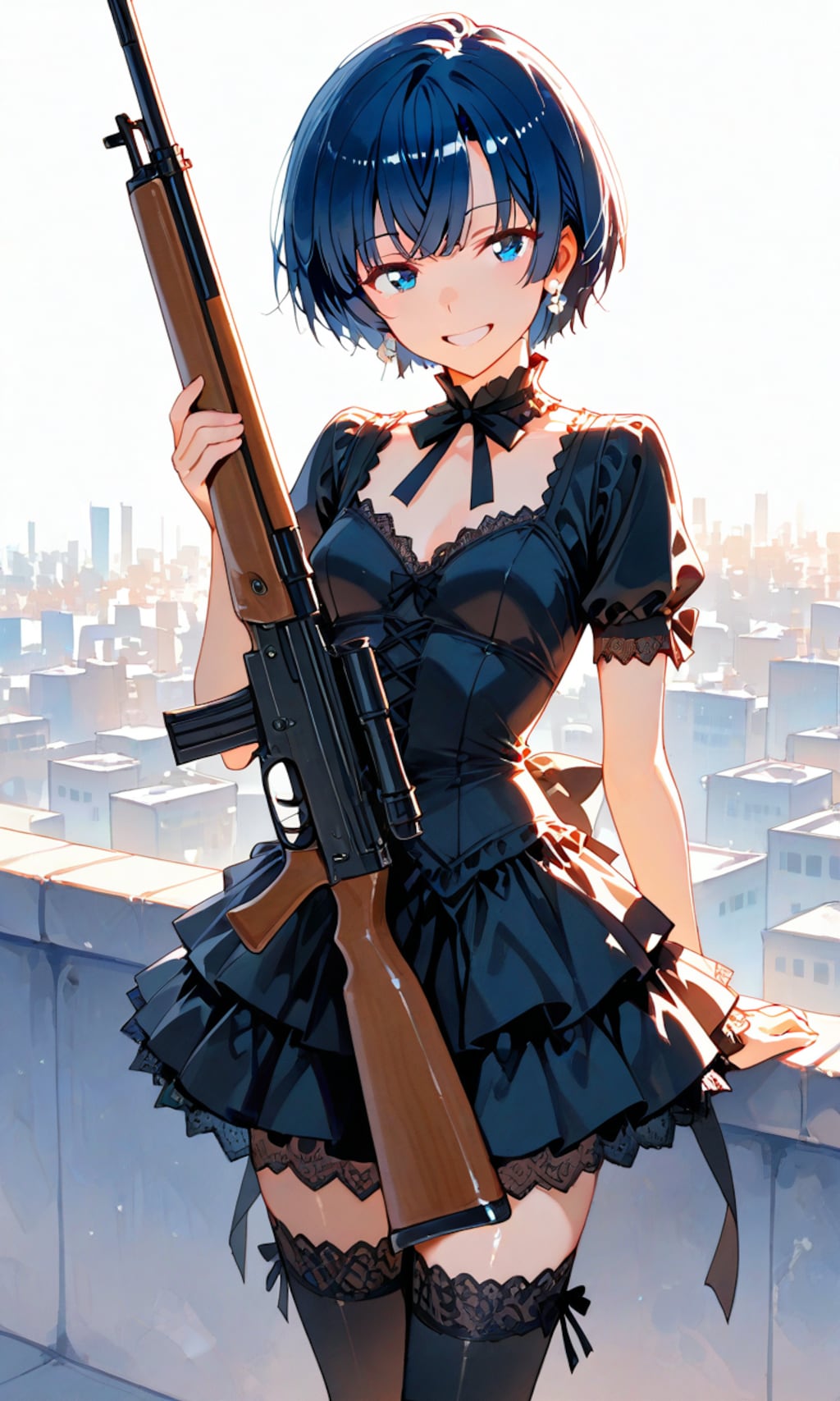 屋上で銃を掲げる柑菜ちゃん