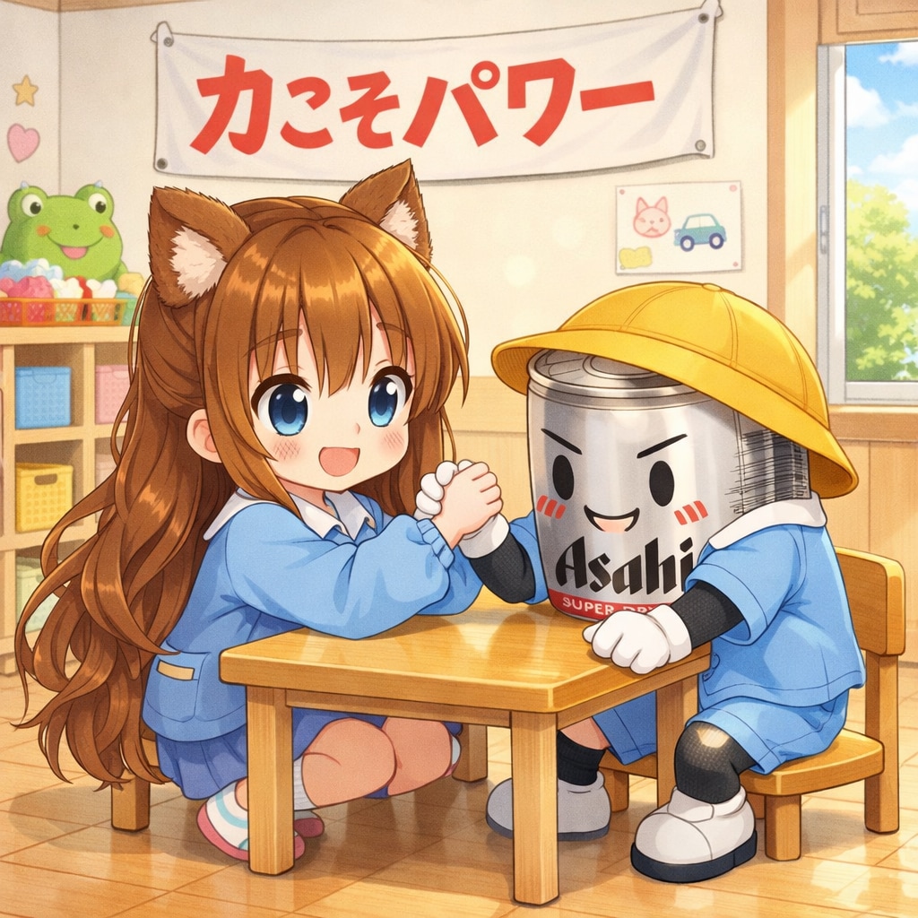 腕相撲をする園児の小さな女の子