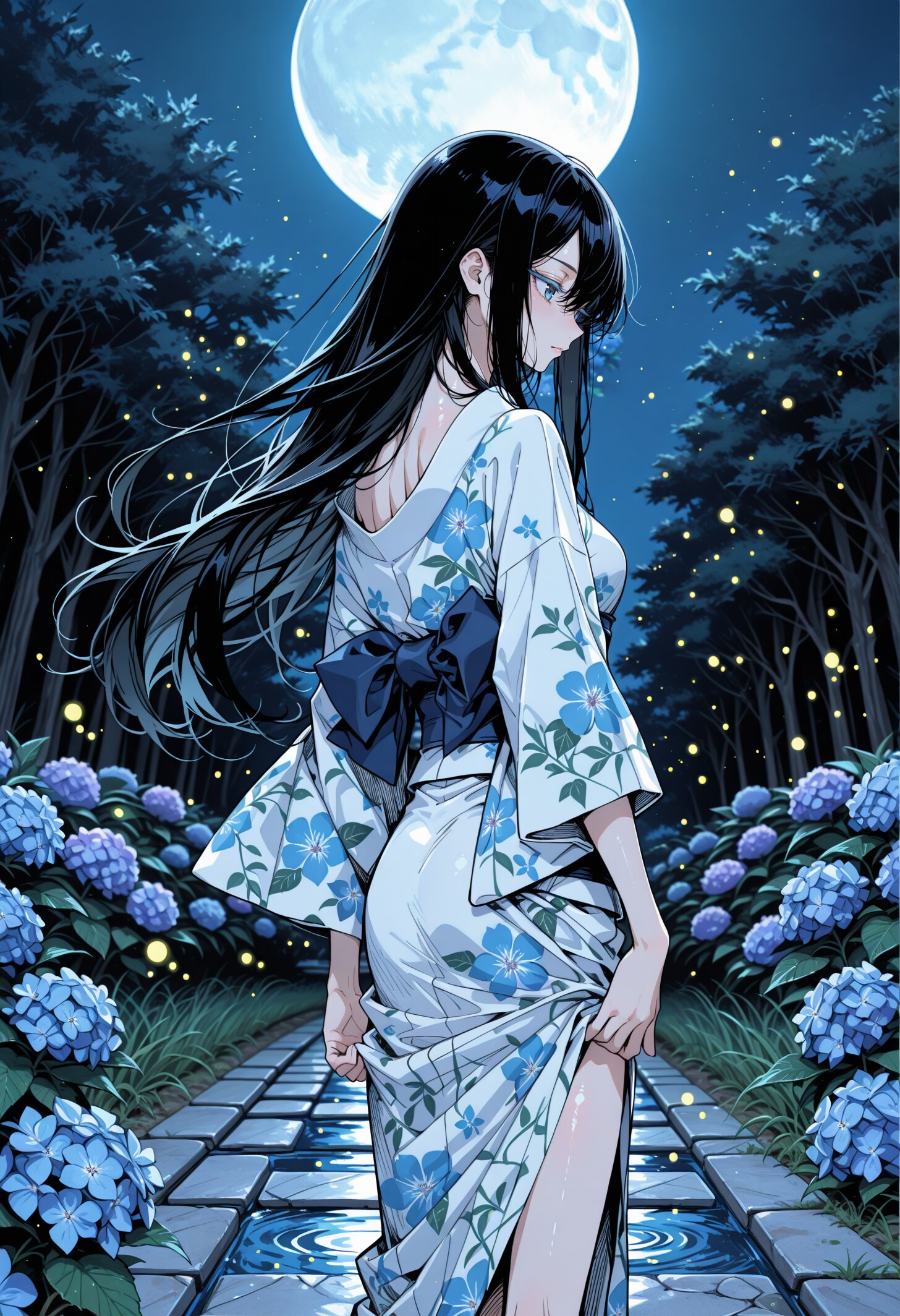 浴衣少女と蛍と月