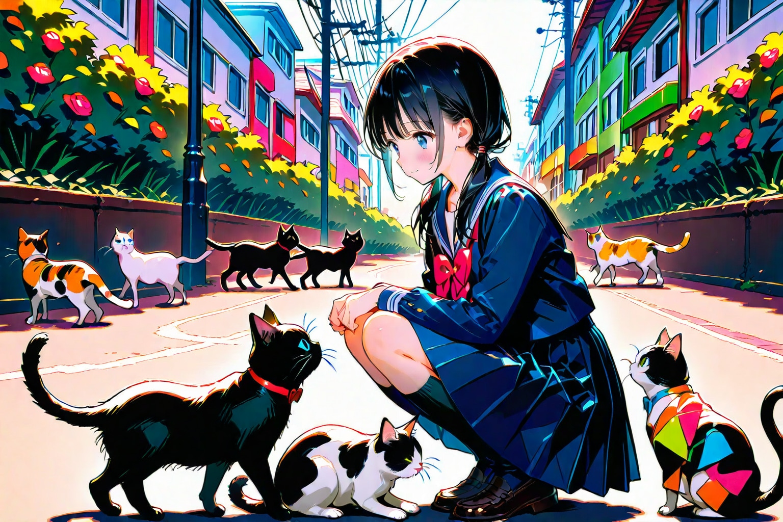 猫と黒髪の少女(GRYPHON) | の人気AIイラスト・グラビア