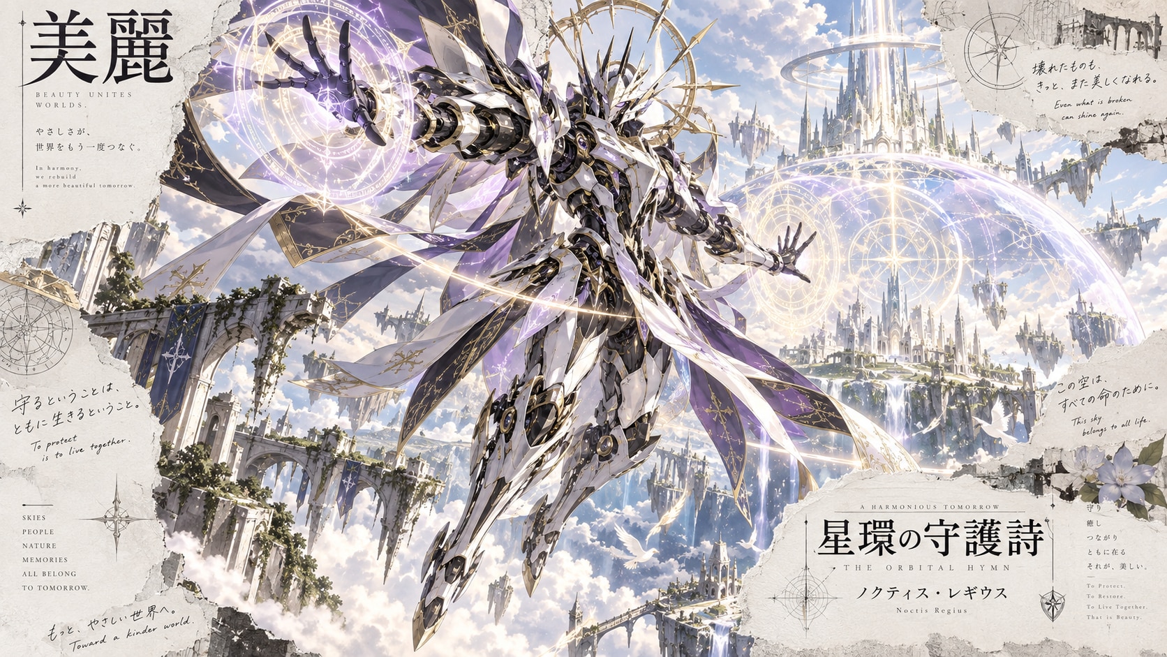 Rising through the sky, a guardian singing among the stars.  Even what is broken can shine again. In | の人気AIイラスト・グラビア