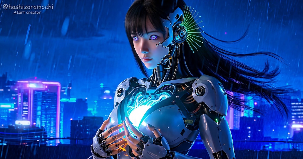 雨降るネオン街の片隅で、胸に灯る淡い光を見つめるアンドロイドの祈り💙都市の記憶と鼓動を乗せて