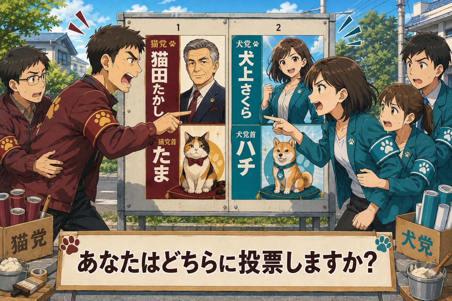 猫党VS犬党！ 選挙掲示板前のワンニャン大決戦