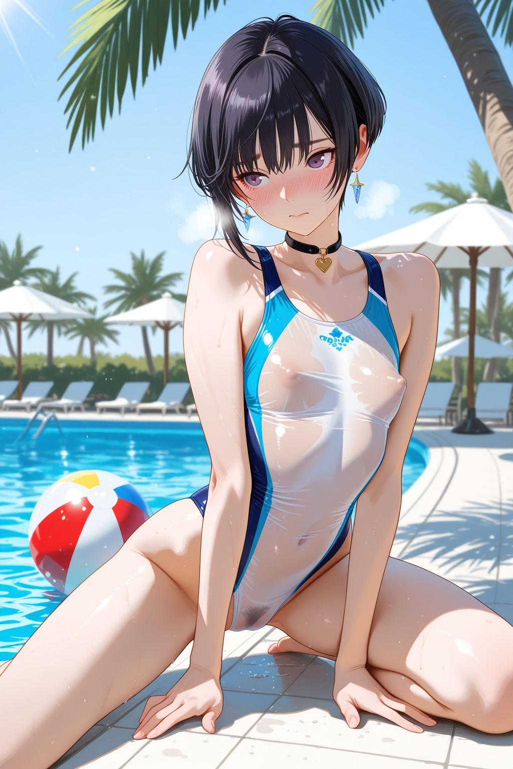 黒髪ベリショボーイッシュ美乳白ギャルちゃんは透け競泳水着姿を撮影される
