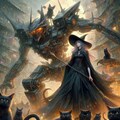 アニメ＆油絵風ファンタジー、巨大猫ロボ魔法召喚魔女 2枚目