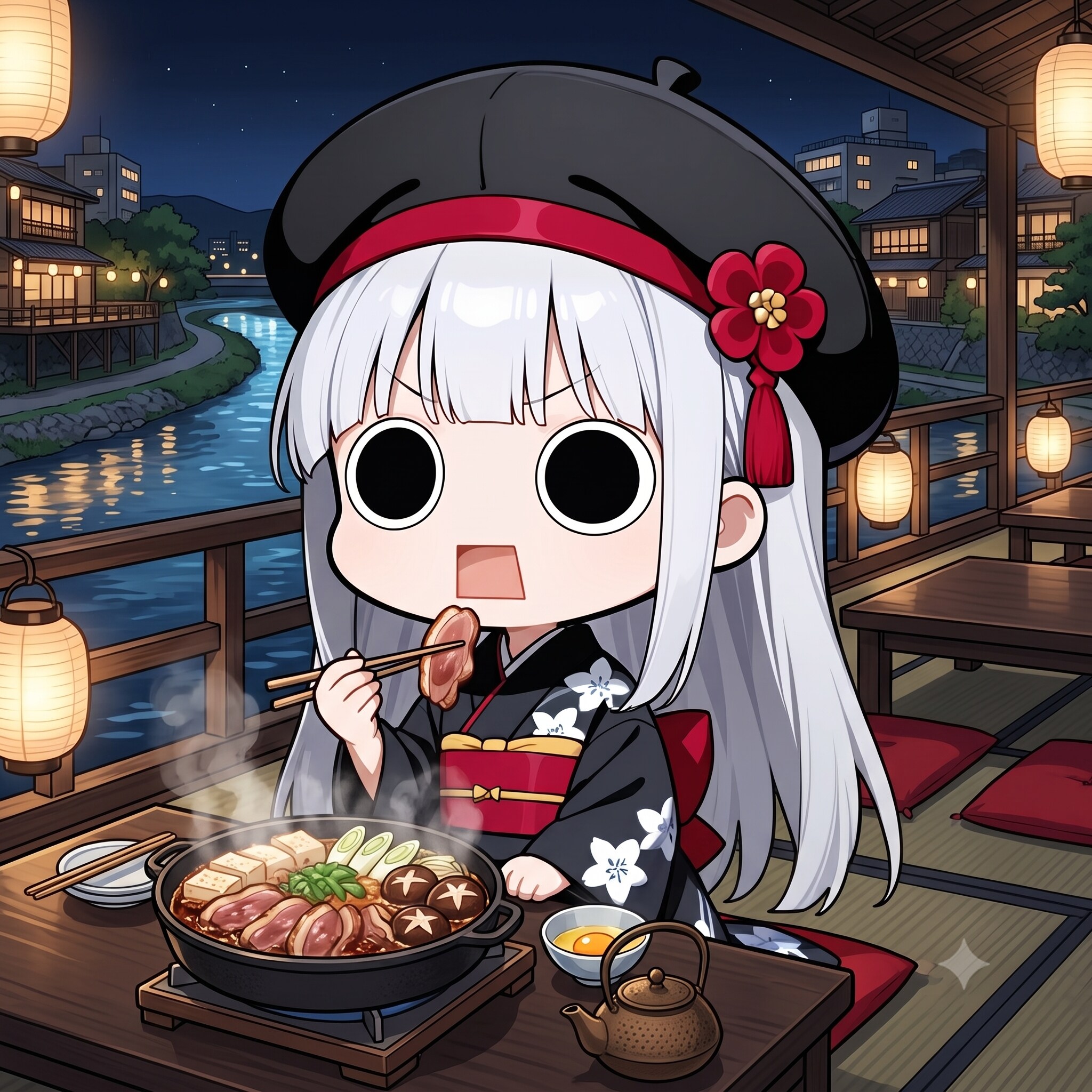 納涼床で鴨すき焼きを頂くえらいこっちゃ嬢