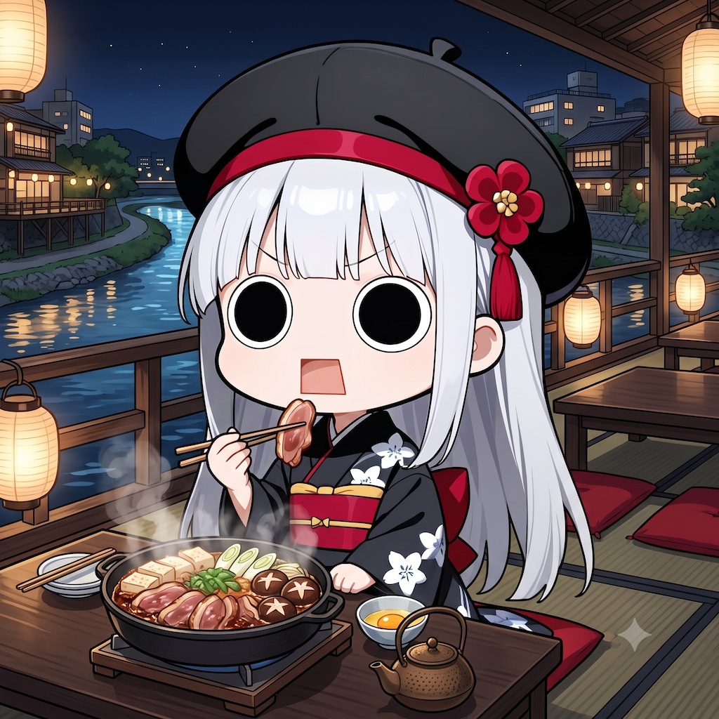 納涼床で鴨すき焼きを頂くえらいこっちゃ嬢