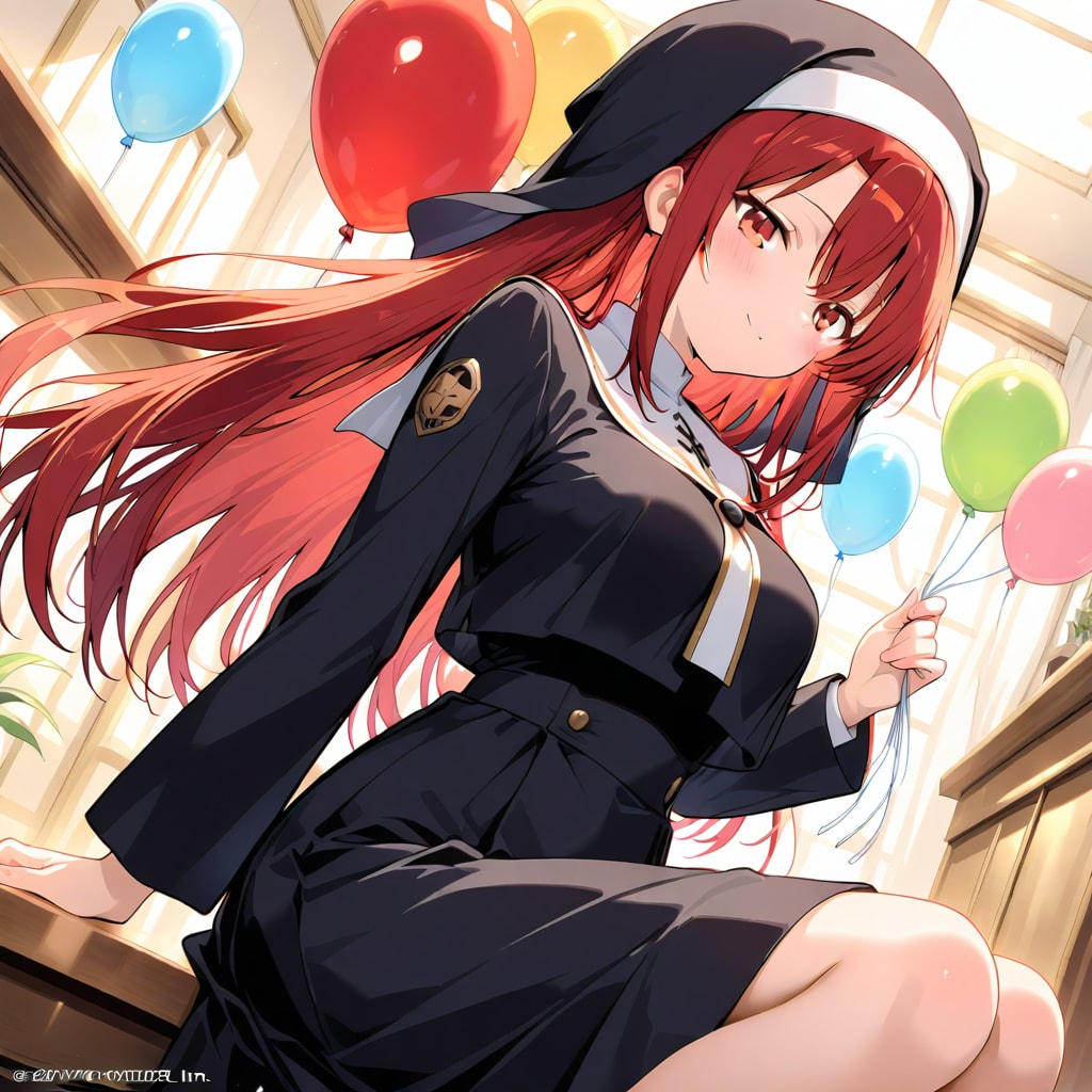 いっぱい風船を持つ赤い髪ロングの修道服着た美女