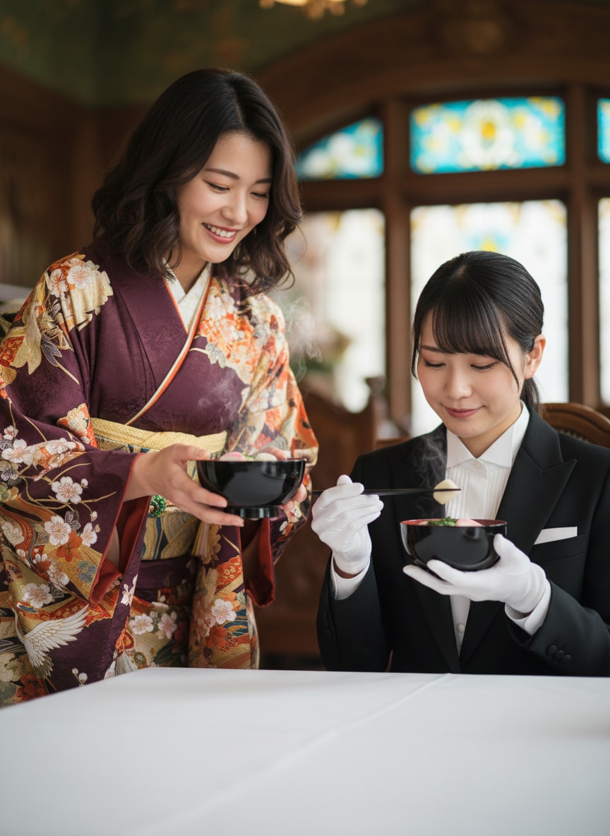 執事ちゃんに雑煮をふるまうメイド23号（渚）