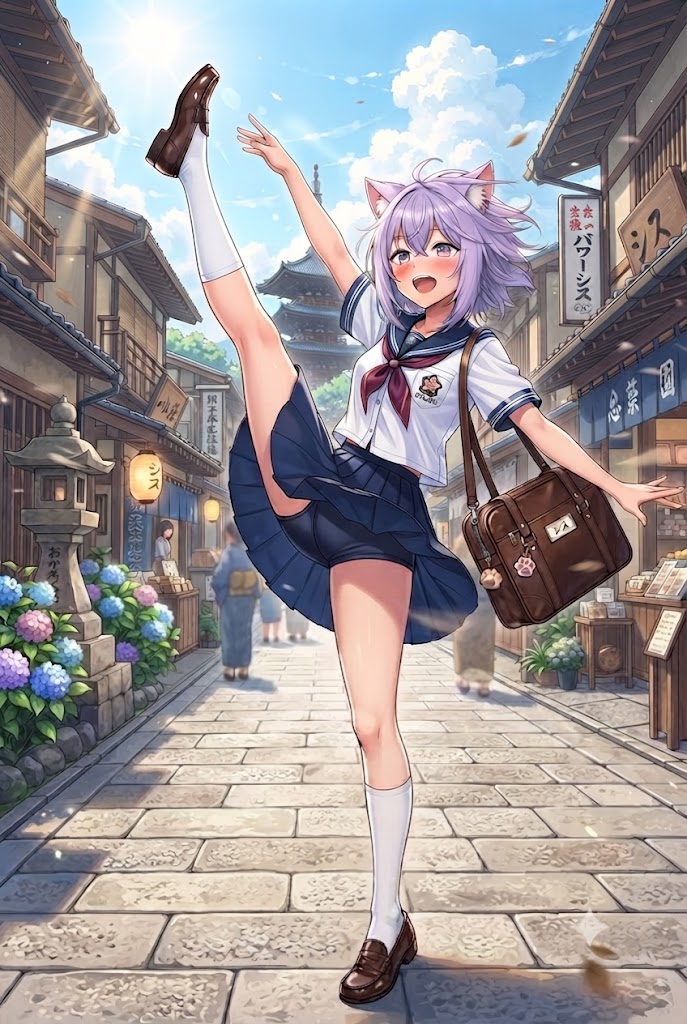 石畳の道でいきなりバレエのポーズをするパンチラセーラーシス