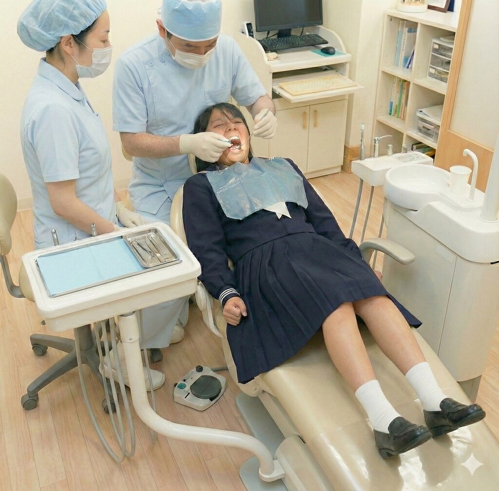 根管治療の痛みに耐える女子高生