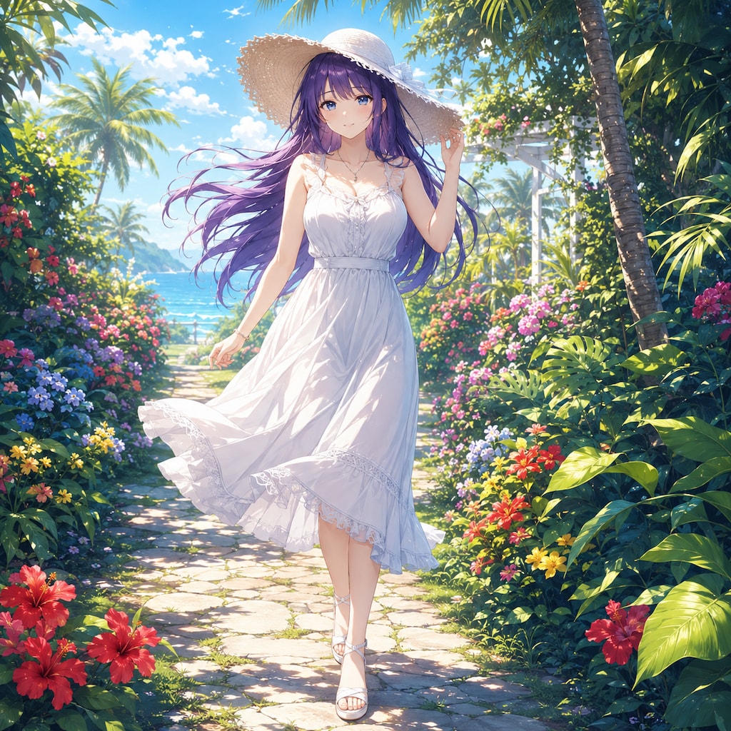 白い麦わら帽子とワンピース２