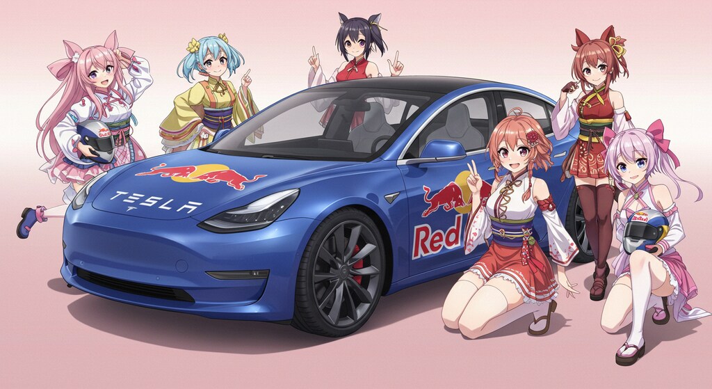 アニメキャラとレッドブルテスラセダン