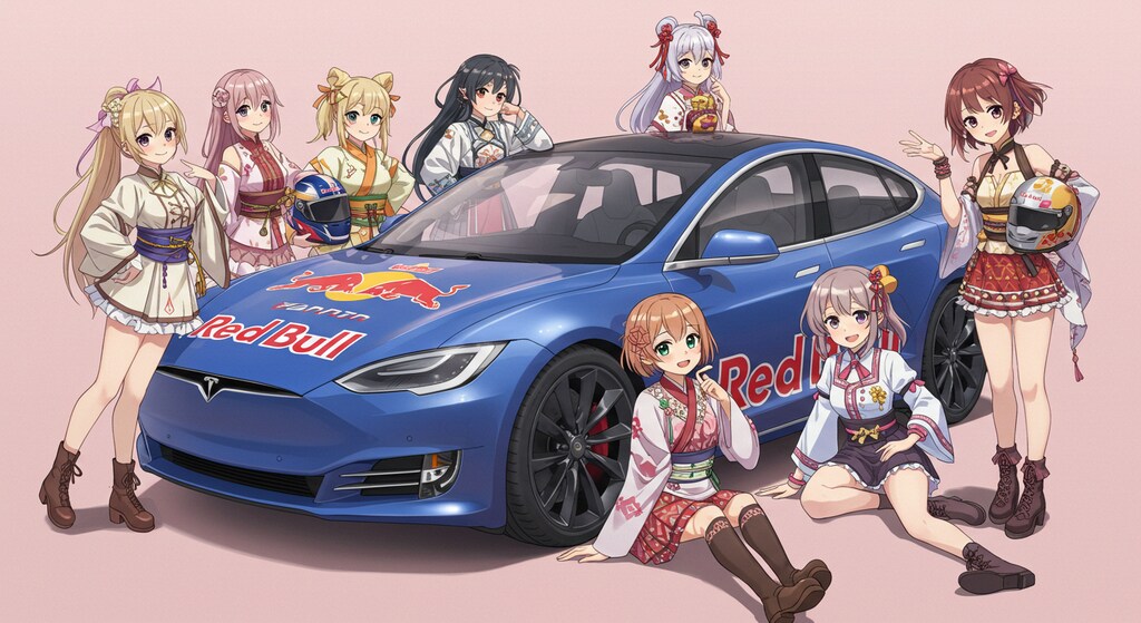アニメキャラとレッドブルテスラセダン