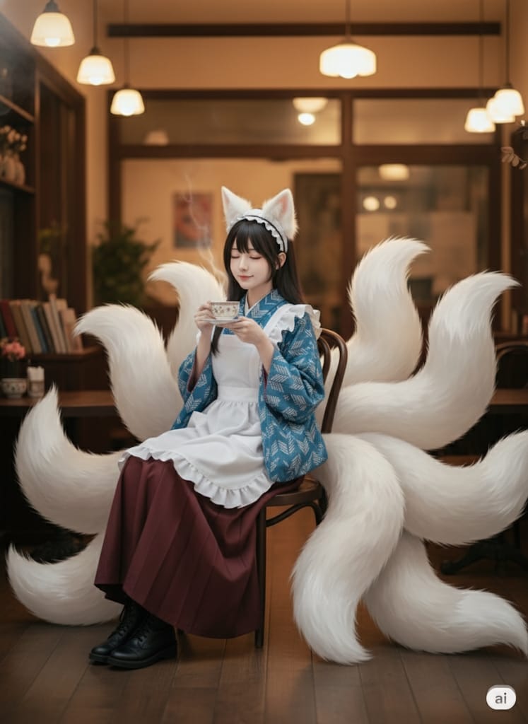 【九尾の久遠】ふぅ…少し休憩です。お茶をご一緒しませんか？ | の人気AIイラスト・グラビア